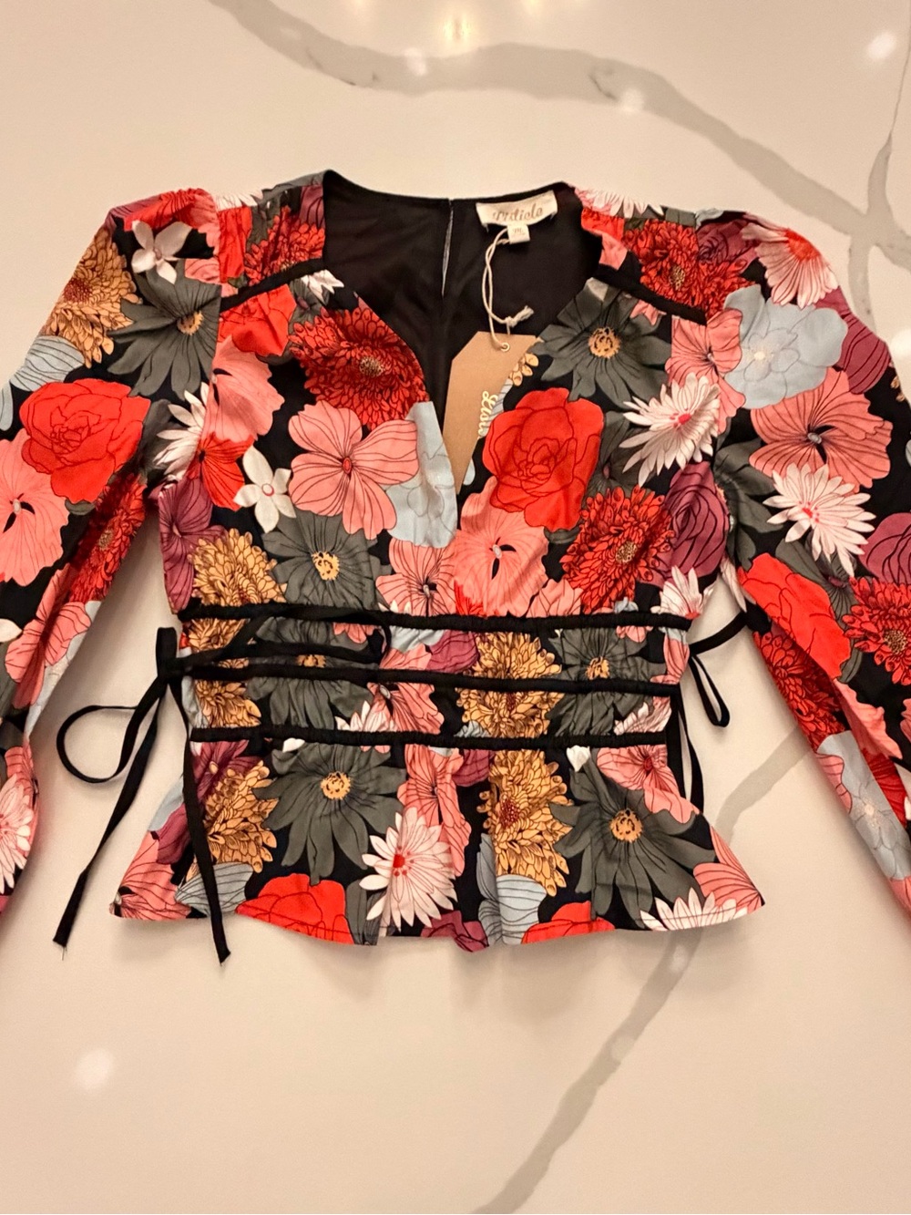 Listicle Black Floral Wrap Peplum Top with Red & Pink Blooms